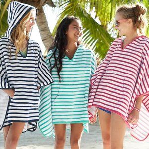 PB Teen Poolhouse Poncho. navy/white striped terry cloth w/ large pocket & hood